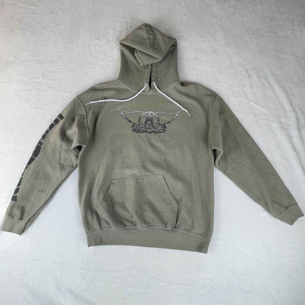 Aerosmith Hoodie Mens‎ Small Green Fleece Lined Let Rock Rule Graphic Drawstring